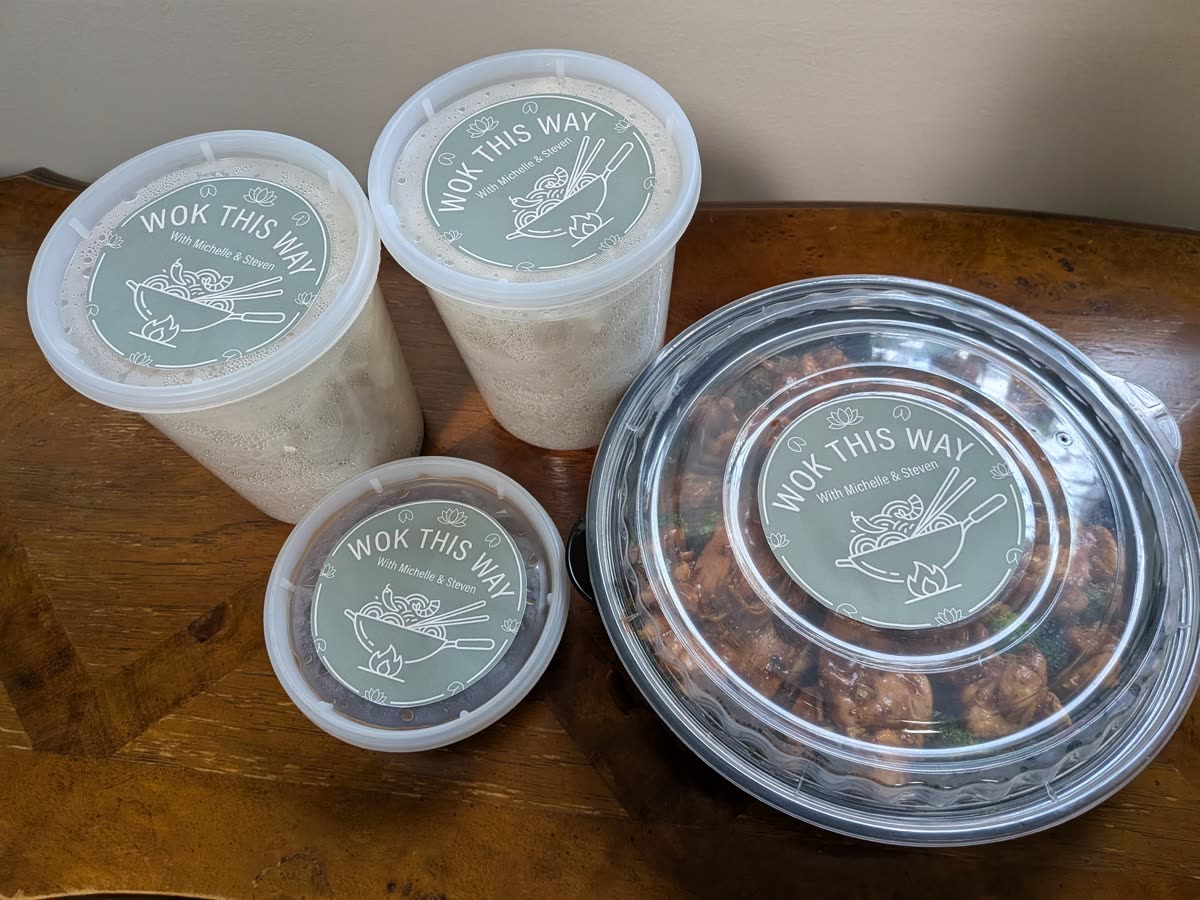 All containers labeled with Wok This Way stickers